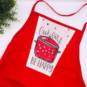 Unisex Cotton Apron:  One Size Fits All, Red, Stockpot Print, 2 Pockets, Ruffles
